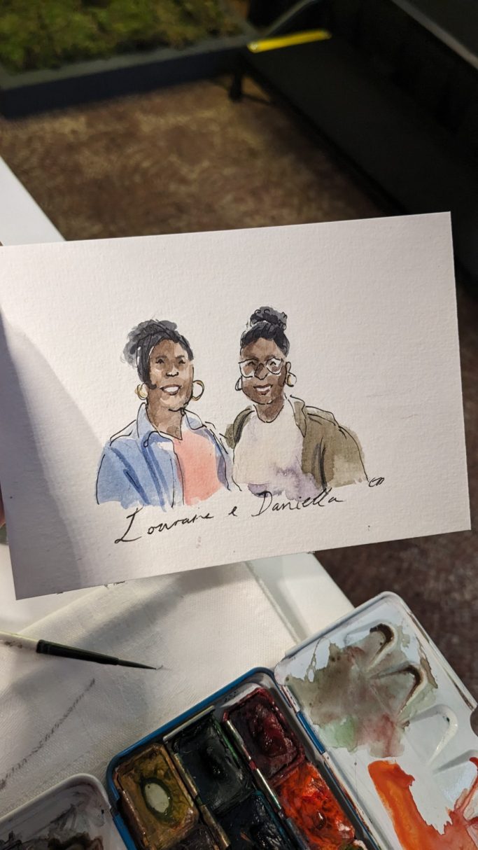watercolour painting of two smiling black women live artist entertainment
